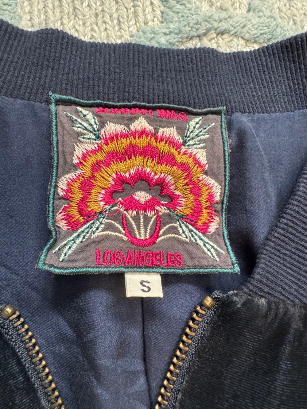 Johnny Was velvet Navy Jacket with Fuchsia & Yellow Embroidered Floral Patch - Picture 3 of 8